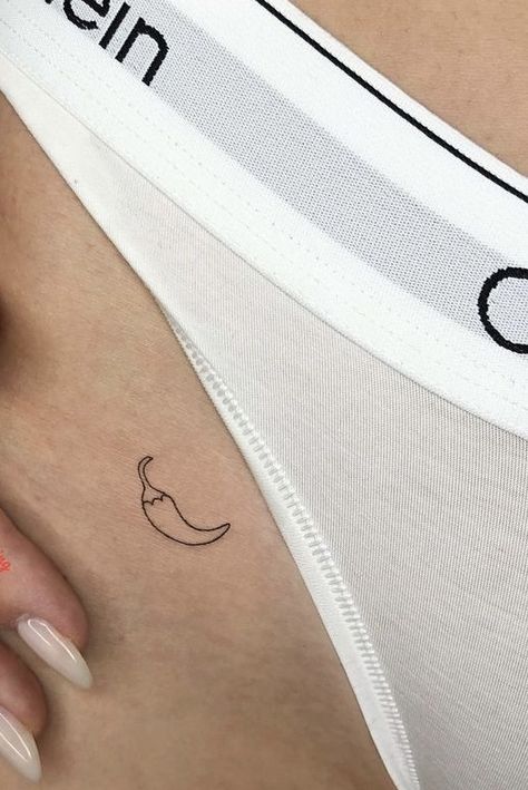 Tattoos, tattoo, dark, grunge, art, alternative, aesthetic, cute, beautiful Small Simple Hip Tattoos, Chill Pepper Tattoo, Fine Line Chili Pepper Tattoo, Hip Tattoo Minimalist, Fine Line Chilli Tattoo, Small Hidden Tattoo Ideas, Pant Line Tattoo, Hip Tattoo Aesthetic, Hip Tats For Women