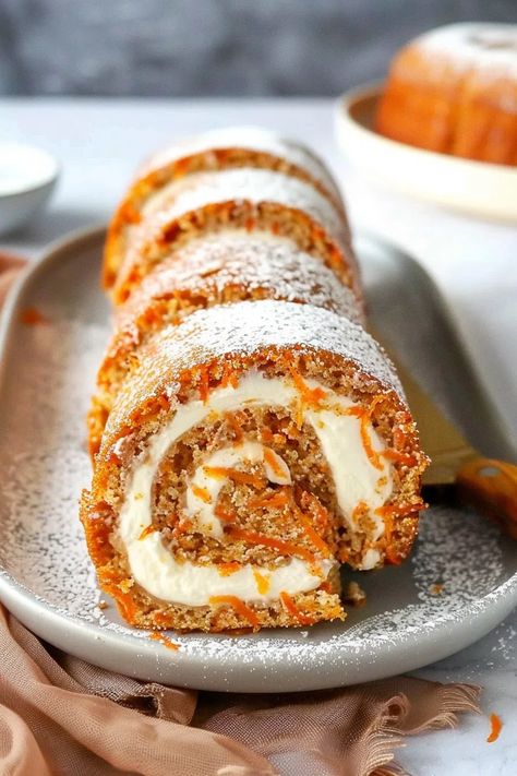 Carrot Cake Roll with Cream Cheese Frosting Filling - That Oven Feelin Carrot Cake Roll Recipe, Carrot Cake Roll, Roll Cakes, Carrot Spice Cake, Cake Roll Recipes, Ginger Nut, Warm Cake, Honey Buns, Roll Recipe