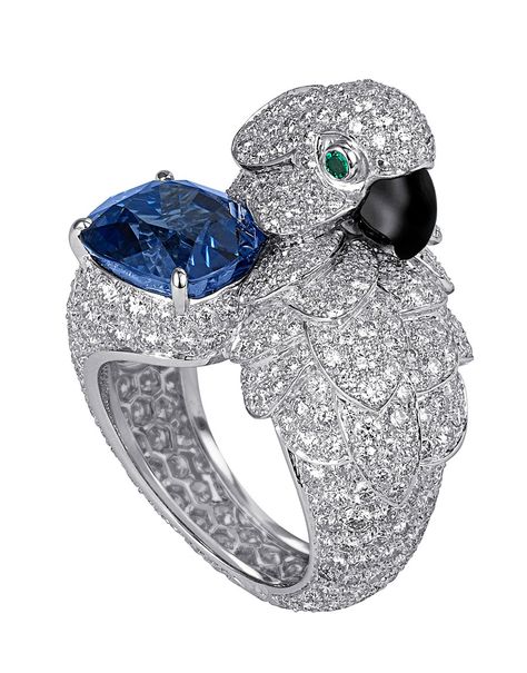 Parrot-motif ring. Platinum, cushion-cut sapphire, emerald eyes, mother-of-pearl beak, diamonds. PHOTO: Vincent Wulveryck © Cartier 2011 Parrot Jewelry, Cartier Jewelry, Bird Jewelry, Pearl Jewellery Earrings, Cartier Ring, Silver Drop Earrings, Gorgeous Jewelry, Gold Drop Earrings, Animal Jewelry