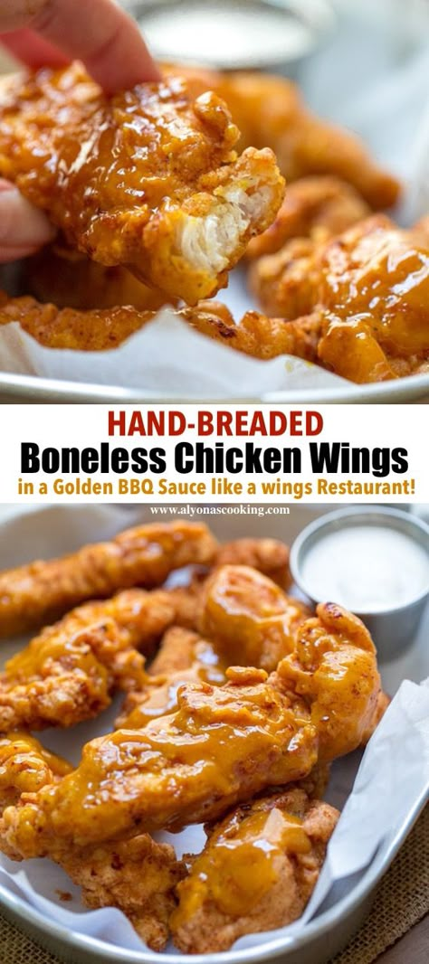 Wings over Westfield is a wings Restaurant that makes tasty Chicken Wings and these Boneless wings taste just like theirs! Each chicken strip is hand-battered with a secret ingredient to bring to you the Best Boneless Chicken Wings that you make from scratch! It’s easy! Quick Chicken Wings Recipes, Wing Stop Boneless Wings Recipe, Boneless Wings Recipe Fried, Easy Boneless Chicken Wings, Best Boneless Wings, Boneless Wings Aesthetic, Deep Fried Boneless Chicken Wings, Baked Boneless Chicken Wings, Chicken Wing Batter Recipe