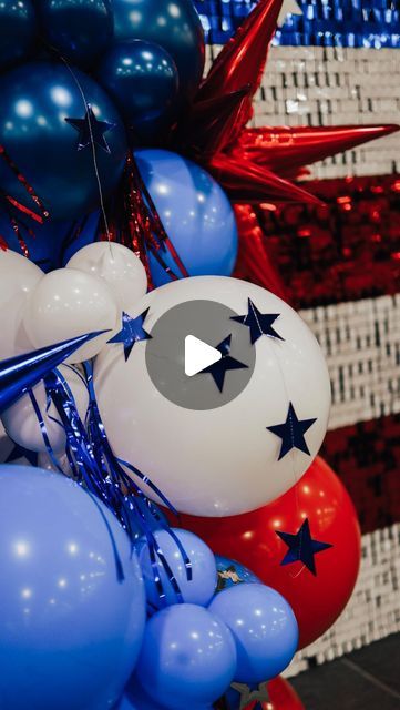 4th of July, Memorial Day, Americana party, USA, Red, white and blue balloon garland with startburst, fringe detail and star garland.   📷: @allenphotoss  . #balloongarland #memorialday #4thofjuly #usa #utahballoons #utahballoonartist #balloons #balloondecor #gymnastics #competition" 4th Of July Balloons, 4th Of July Balloon Garland, White And Blue Balloon Garland, Americana Party, Count Down To Summer, Gymnastics Competition, Forth Of July, Blue Balloon, Star Garland