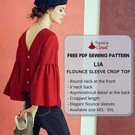 Lia flounce sleeve crop top – Free PDF sewing pattern – Tiana's Closet Chiffon Top Sewing Pattern, Peplum Blouse Pattern, Top Sewing Patterns, Sewing Pattern Blouse, Paper To Print, Raglan Sleeve Pattern, New Dress Pattern, 300 Dollars, 3d Simulation