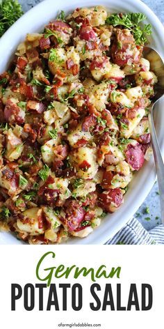 German Potato Salad Recipe - a farmgirl's dabbles Warm German Potato Salad, German Potato Salad Recipe, German Food Authentic, German Potato, German Potatoes, German Potato Salad, Potato Salad Recipe, Potato Recipes Side Dishes, Seafood Salad