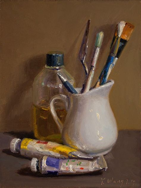 Wang Fine Art: still life  with paint and brushes, small painting... Photo Realism Painting, Cool Still Life Drawings, Painted Still Life, Acrylic Paint Still Life, Still Life Contemporary, Acrylic Still Life Paintings, Still Life Painting Ideas, Still Life Aesthetic, Stillife Painting