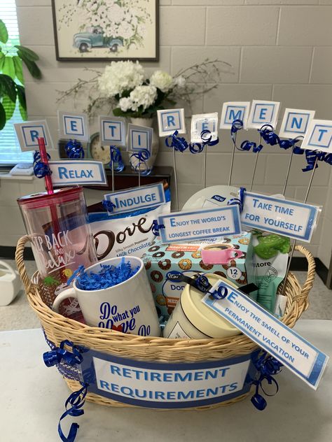 Gift Baskets For Retirement, Retirement Basket For Women, Retirement Surprise Ideas, Work Retirement Gift Ideas, Retirement Gift Baskets For Women, Retirement Party Gift Ideas For Women, School Retirement Gifts, Retirement Survival Kit Woman, Teacher Retirement Gift Basket