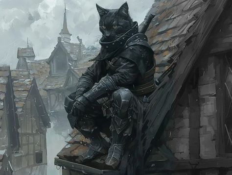 Full Color Image in ai-img-gen.com 🔸 Male Tabaxi Rogue, He wears light black leather armor, medieval garments. He has a dagger and he is ... 🔸 From Midjourney AI Image Black Tabaxi, Black Leather Armor, Tabaxi Rogue, Dark Cloak, Rogue Dnd, Armor Medieval, Serious Expression, Leather Armor, A Black Cat