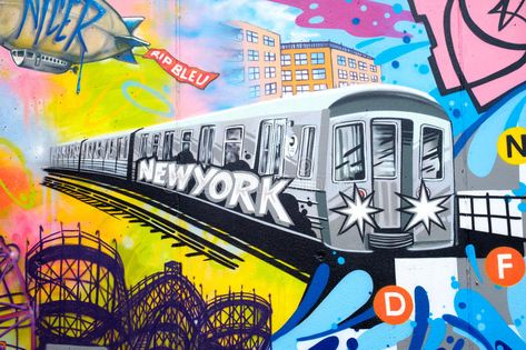 Colorful graffiti in New York City with an image of a subway tra stock images New York Train, Luis Tattoo, Nyc Subway Art, Graffiti Art Drawings, New York Drawing, Nyc Subway Map, Train Graffiti, Nyc Graffiti, Train Illustration