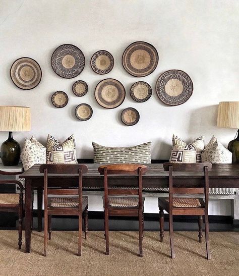 Boho Style Home Decor, African Baskets Wall, Boho Style Home, Woven Basket Wall, Woven Wall Baskets, Brown Living Room Decor, African Woven Basket, African Wall Baskets, Crochet Wall Art