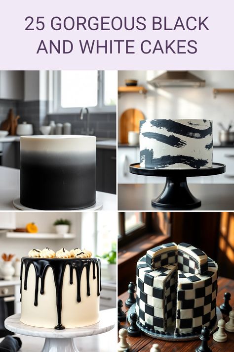 Discover 25 stunning black and white cake ideas that will make your next celebration unforgettable! From chic wedding cakes to elegant birthday treats, these designs showcase the beautiful contrast of dark and light. Picture an abstract brushstroke cake, a whimsical chessboard creation, or a drizzle of velvety black ganache over smooth white chocolate. No matter the occasion, these cakes not only look amazing but will also delight your guests. Get ready to bake something fabulous with our inspiring black and white cake designs! Black And White Cake Ideas, White Cake Ideas, Black Ganache, White Rosette Cake, Brushstroke Cake, Black And White Cake, Delicious Strawberry Cake, Polka Dot Cakes, Striped Cake