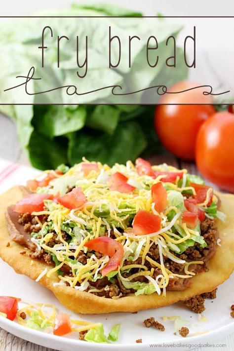 Change up your boring dinner routine with this easy recipe for Fry Bread Tacos (aka Navajo Tacos). A quick and simple bread dough is quickly fried and then topped with your favorite taco toppings! Fry Bread Tacos, Steak Taco, Navajo Tacos, Taco Toppings, Simple Bread, Fry Bread, Taco Salad, Fair Food Recipes, Beef Dishes