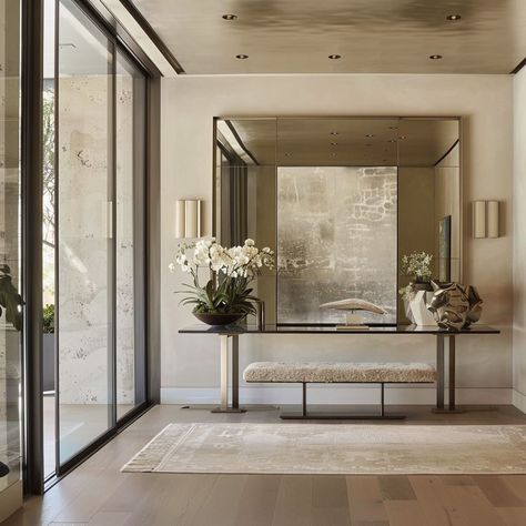 Symphony Aesthetic, Foyer Design Modern Entrance, Modern Entrance Hall, Hall Design Ideas, Contrast Composition, Mirror Decor Living Room, Lake House Interior, Elegant Entryway, Modern Entrance