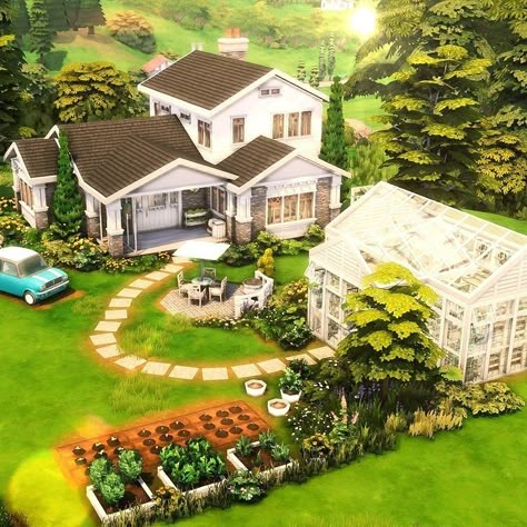 🪴A gardener’s craftsman’s style home with its white greenhouse 🌱🌿 - 🪴Gardener's Craftsman's Home ☘️3 bedrooms - 2 bathrooms 🌿§ 93k… | Instagram Sims 4 House With Garden, Sims 4 Gardener House, Sims 4 House With Greenhouse, Sims 4 Plant House, Green House Sims 4, Sims 4 3 Bedroom House Plan, Sims Greenhouse, Sims Garden Ideas, Sims 4 Garden House