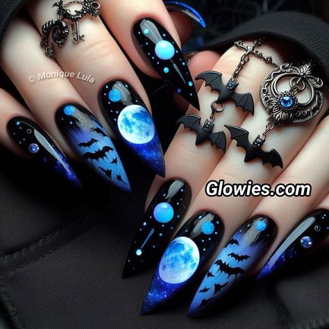 Fall Nails With Purple, Black Witchy Nails Short, Long Witchy Nails, Ombre Halloween Nail Designs, Avenged Sevenfold Nails, Winx Club Inspired Nails, Moon Halloween Nails, Gothic Halloween Nails, Witchy Stiletto Nails