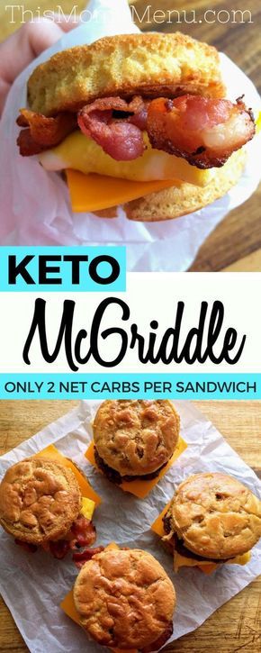 Pancakes, syrup, bacon, eggs and cheese come together in perfect harmony in this recipe for homemade McGriddle Sandwiches. This low carb twist on the quintessential fast food breakfast sandwich is pure perfection. What could possibly be better than an entire American breakfast all wrapped up in one sandwich, with only 2 net carbs?? #keto #lowcarbbreakfast #ketorecipes Pancakes Low Carb, Ketone Recipes, Fast Food Breakfast, Desayuno Keto, Artemis Fowl, Bacon And Cheese, Bacon Egg And Cheese, Keto Pancakes, Recetas Keto