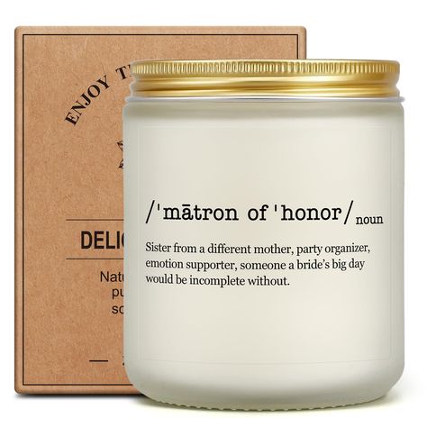 PRICES MAY VARY. 【MATRON OF HONOR GIFTS】This lavender candle defines the very meaning of matron of honor, thoughtful and sentimental gifts for someone important to be your bridesmaid. Ideal choices for matron of honor proposal gifts, maid of honor gifts, wedding party gifts, engagement gifts for bridesmaids, bridal shower gifts and bachelorette party gifts. 【50 HOURS BURN TIME】Made with 100% natural soy wax and an unbleached cotton wick, the candle has a long-lasting clean burning with consisten Matron Of Honor Gifts, Bridesmaid Gifts For Wedding Day, Gifts From Bride, Matron Of Honor Proposal, Maid Of Honor Gifts, Sweet Candles, Gifts For Wedding, Lavender Scented Candle, Candle Gifts