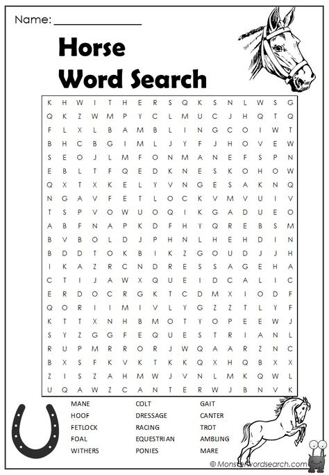 Horse Word Search - Monster Word Search Horse Word Search, Horse Activity Sheets, Horse Camp Activities, Horse Worksheets, Horse Activities, Turtle Activities, Farm Activities Preschool, Winter Science Experiments, Color By Number Printable