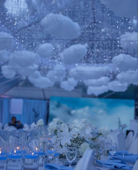 Sweet 16 Dresses Blue, Cloud Theme Party, Debut Decorations, Sweet 16 Winter Wonderland, Sweet 16 Winter, Blue Sweet 16, Cloud Party, Quinceanera Themes Dresses, Cloud Theme