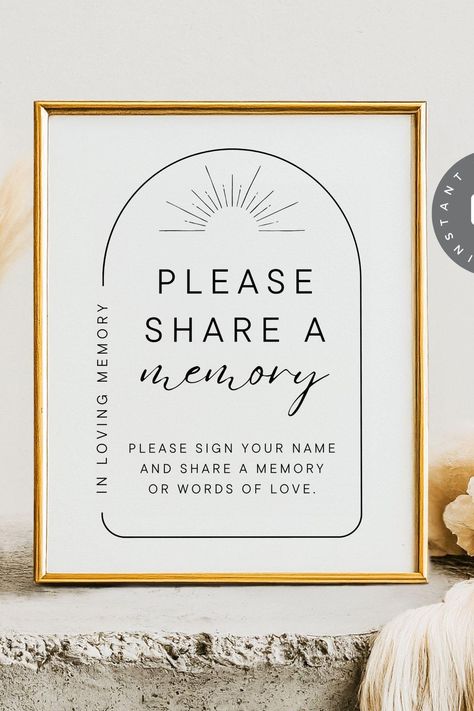 PDF Memorial Service Guest Book Sign for remembrance and funerals. Celebration Of Life Table Ideas, Memorial Tables, Share A Memory Sign, Celebration Of Life Memorial Ideas, Celebration Of Life Ideas, Share A Memory, Heartfelt Condolences, Memorial Services, Guest Book Sign