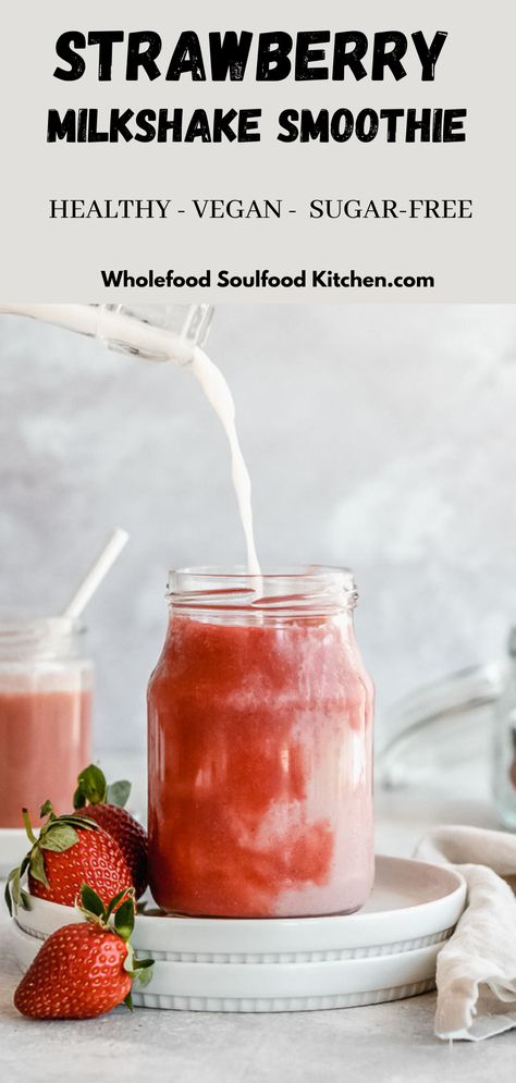 This delicious Cold Strawberry Milkshake Smoothie consists of frozen strawberries and plant milk and is naturally sweetened with dates - so it's low sugar & vegan! It's super easy & quick to make since it contains only 3 ingredients. This refreshing smoothie that can be enjoyed all year round but tastes specifically good during summer! Milkshake Without Ice Cream, Dairy Free Milkshake, Sugar Free Smoothies, Milkshake Smoothie, Plant Based Smoothies, Vegan Drinks Recipes, Vegan Summer Recipes, Quick Easy Vegan, Smoothie Bowl Healthy