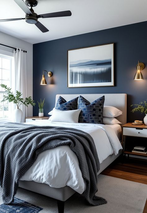 coastal bedroom decorating Navy Bedroom White Furniture, Guest Bedroom Ideas Navy Blue, Bedrooms With Navy Bedding, Bedding For Blue Bedroom, Beige And Dark Blue Bedroom, Coastal Modern Bedding, Interior Design Bedroom Blue, Navy White Bedroom Ideas, Navy Blue Bedroom Furniture Ideas