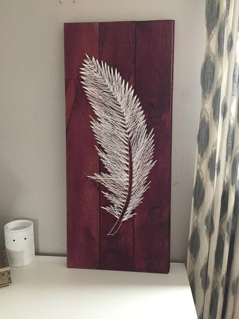 Snowy Owl Craft, Feather String Art, Feather Signs, String Art Templates, String Art Tutorials, String Wall Art, String Art Patterns, String Art Diy, Purple Feather