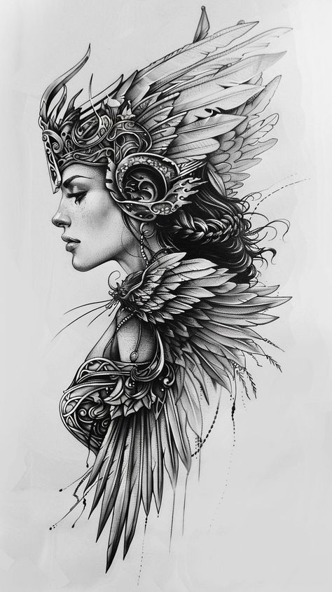 Womens Armor Tattoo, Female Valkyrie Tattoo, Valkyrie Tattoo For Women, Furies Tattoo, Valkyrie Tattoo Woman Female Warriors, Freya Drawing, Women Warrior Tattoo, Underarm Tattoo Women, Freyja Tattoo