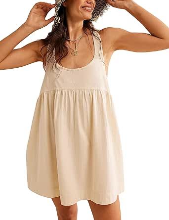 Tiko Miko Womens Summer Dresses Sleeveless Square Neck Mini Dress Open Back Casual Babydoll Sundress Beauty Tunics, Casual Tanks, Mini Sundress, Mini Tank Dress, Mini Dresses For Women, Khaki Dress, Mini Dress Casual, Sleeveless Mini Dress, Flowy Dress