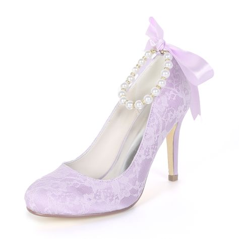 Sweet fresh color lace high heels with pearl ankle strap and ribbon tie closed toe bridal wedding shoes Quinceanera Heels, Lilac Heels, Pink Shoes Heels, Lavender Heels, Heels Pearl, Lavender Shoes, Princess Heels, Lace Wedding Shoes, Purple Wedding Shoes