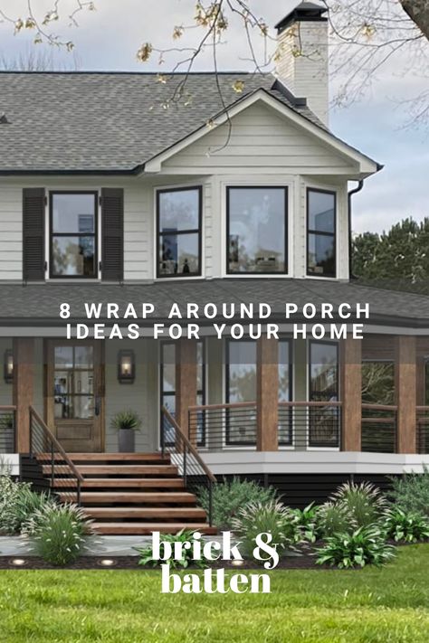 When it comes to outdoor living, a wrap around porch is the dream of many homeowners. Check out some of our favorite wrap around porch ideas, from simple updates that make a big difference to designs visualized from scratch: https://bit.ly/47R39JN Wrap Around Porch Remodel, Ranch Wrap Around Porch, Add Wrap Around Porch To House, Wrap Around Porch Landscaping, Wrap Around Porch House Plans, Wrap Around Porch Ideas, Farmhouse With Wrap Around Porch, Single Story House Plans, House Wrap Around Porch