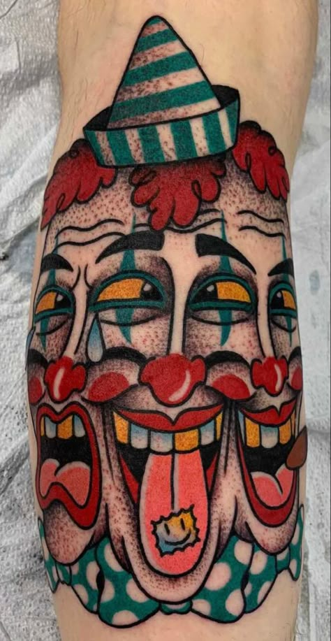 Traditional Clown Tattoo, Horror Tattoo Ideas, Clown Tattoos, Circus Tattoo, Cherub Tattoo, Clown Tattoo, Traditional Tattoo Sleeve, Doodle Tattoo, Spooky Tattoos