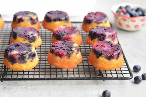 Mini Blueberry Upside-Down Cakes from the eMeals Dessert plan Blueberry Upside Down Mini Cakes, Upside Down Blueberry Cake, Mini Upside Down Cakes, Mini Cakes Recipe, Blueberry Treats, Upside Down Desserts, Blueberry Upside Down Cake, Ash Baby, Blueberry Cake Mix