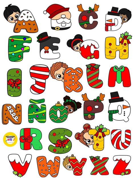 Christmas Themed Alphabet Letters, Christmas Lettering Ideas, Christmas Alphabet Letters, Kids Tree Ornaments, Christmas Fonts Alphabet, File Decoration Ideas, Alfabet Letters, Christmas Alphabet, Hand Lettering Alphabet