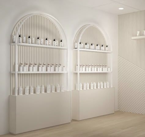 Beauty Salon Retail Display Ideas, Idea For Beauty Salon, Retail Shelving Display, Arch Shelves, Salon Retail Display, Beauty Store Design, Retail Display Shelves, Spa Store, Skincare Shop