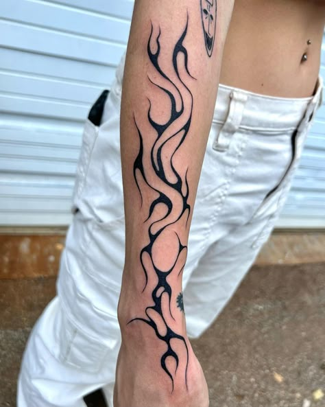 Free Hand Tattoo Ideas, Flame Shoulder Tattoo, Neo Tribalism Tattoo Hand, Neotribal Tattoo Design Arm, Cybernetic Hand Tattoo, Tribalism Tattoo, Arm Hand Tattoo, Made In Hell Tattoo, Raw Tattoo