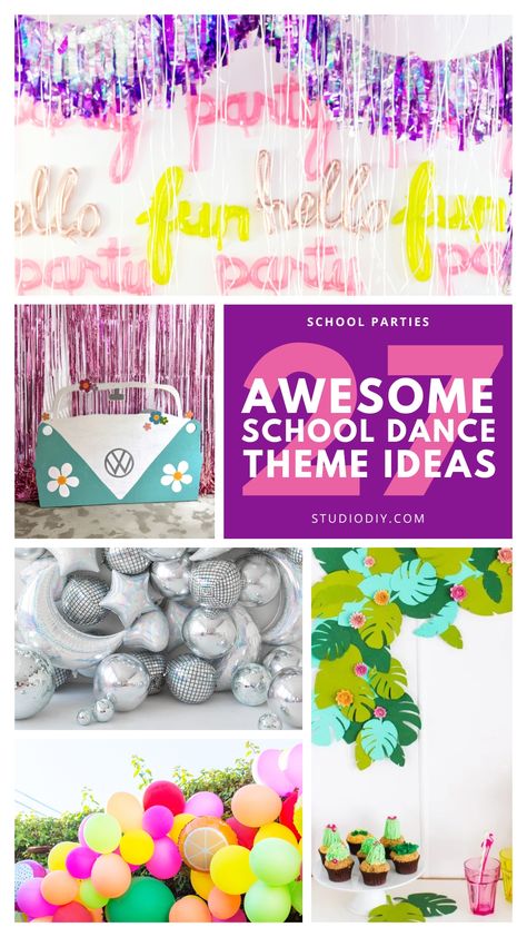 School Dance Themes collage Party Themes For School, Dance Themes Elementary, Fun School Dance Themes, Themes For School Dances, School Event Theme Ideas, Elementary School Dance Theme, 5th Grade Dance Themes, Elementary Dance Themes, Elementary School Dance Ideas