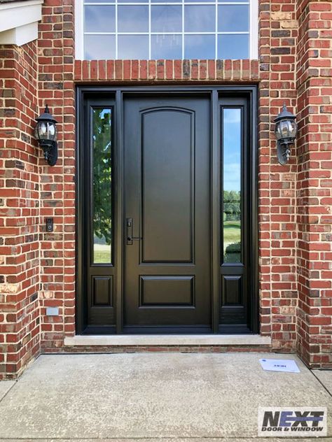 6 Panel Front Door With Sidelights, Front Door Design Brick House, All Wood Front Door, Entrance Door Color Ideas, Traditional Front Door With Sidelights, Black Front Door With Sidelights And Transom, Front Door One Sidelight, Elegant Front Doors, Front Door Layout