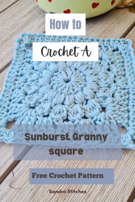 sunburst crochet square free pattern Sunburst Granny Square Pattern, Granny Square Free Pattern, Crochet Sunburst, Crochet Blanket Sizes, Sunburst Granny Square, Quick Crochet Projects, Granny Square Pattern, Trendy Bags, Granny Square Bag