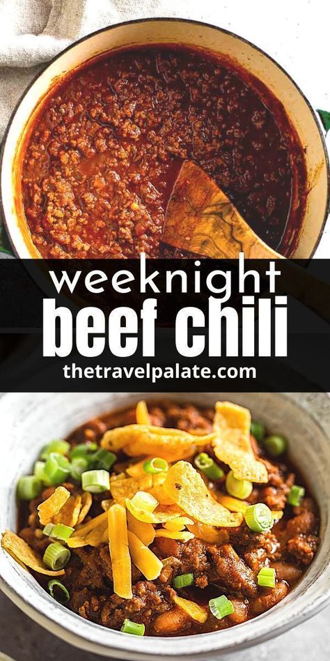 Make an easy beef chili for a weeknight dinner with this recipe from The Travel Palate! It doesn't get any easier than quick cooking ground beef when you want all the beefy flavor without any of the fuss. Substitute with turkey or skip the beef altogether and just add plenty of beans or meat substitute for a vegetarian version. You can even make it in the crockpot for a simple dinner for the family, game days, tailgates or get togethers. Pinto Bean Chili Recipe, No Meat Chili Recipe, Cooking Ground Beef, Crockpot Shredded Chicken Tacos, Beanless Chili Recipe, Crockpot Shredded Chicken, Quick Chili Recipe, Chili Recipe Stovetop, Easy Chilli