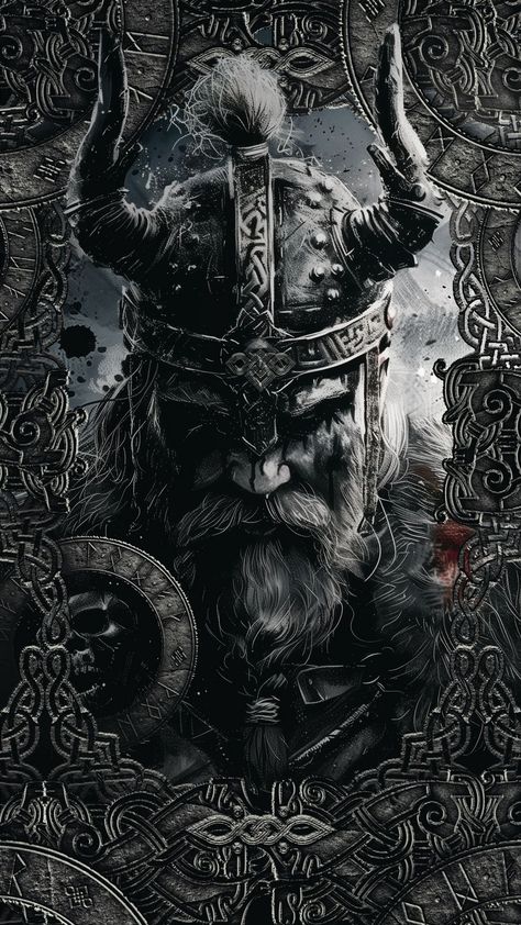 free wallpapers 4K viking, warrior, horns, frame, pattern, art, bw for mobile and desktop Viking Skull Art, Viking Ancestry, Viking Gods, Valkyrie Tattoo, Thor Art, Art Viking, Nordic Aesthetic, Symbole Viking, Norse Myth