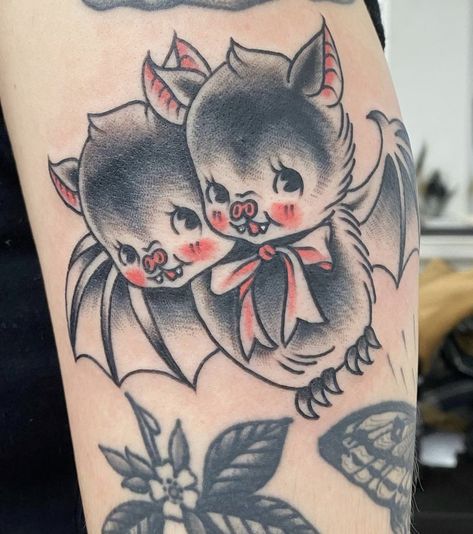 Kewpie Bat Tattoo, Two Headed Bat Tattoo, Creepy Cute Tattoo Ideas, Creepy Cute Tattoo, Kewpie Tattoo, Goth Tattoo, Doll Tattoo, Cute Tats, Bat Tattoo