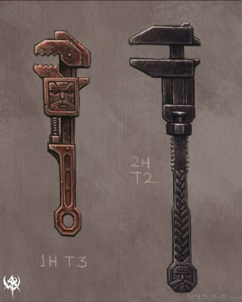 Steampunk Tools Art, Steampunk Wrench, Artificer Tools, Wrench Drawing, Fantasy Tools, Warhammer Online, Armadura Ninja, Props Art, Cool Swords