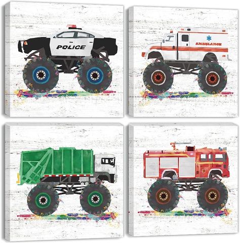 Posters For Boys Room, Boy Room Artwork, Monster Truck Bedroom, Wall Art Cartoon, Truck Room, Boys Room Wall Decor, Toddler Boy Room Decor, Themed Kids Room, Toddler Room Decor