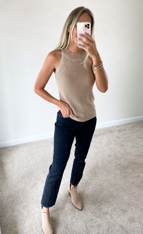 Tank Top Turtle Neck Outfit, High Neck Knit Tank Top, Fall Tank Top Outfits, High Neck Tank Top Outfit, Turtle Neck Tank Top Outfit, Sweater Tank Outfit, Sweater Tank Top Outfit, High Neck Outfit, Cami Top Outfit