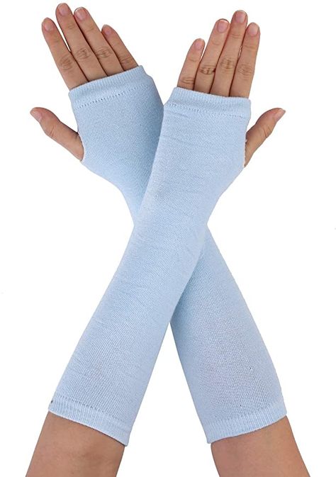 Light Blue Clothes, Jellyfish Outfit, Light Blue Outfits, Blue Arm Warmers, Light Blue Accessories, Trolls Oc, Blue Fingerless Gloves, Black Fingerless Gloves, Long Fingerless Gloves