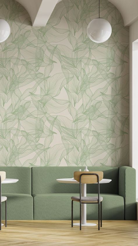 The mesmerising lines of our 'Float' design mimic floral forms and elements, without actually including any flowers. So if you're looking for something floral, but maybe a little more interesting then this design might be the one. It's a modern abstract wallpaper that will work well in subtle, paired back interiors. Cafe Wallpaper, Green Cafe, Statement Wallpaper, Wallpaper Interior Design, Interior Design Elements, Luxury Wallpaper, Botanical Wallpaper, Wallpaper Modern, Green Abstract