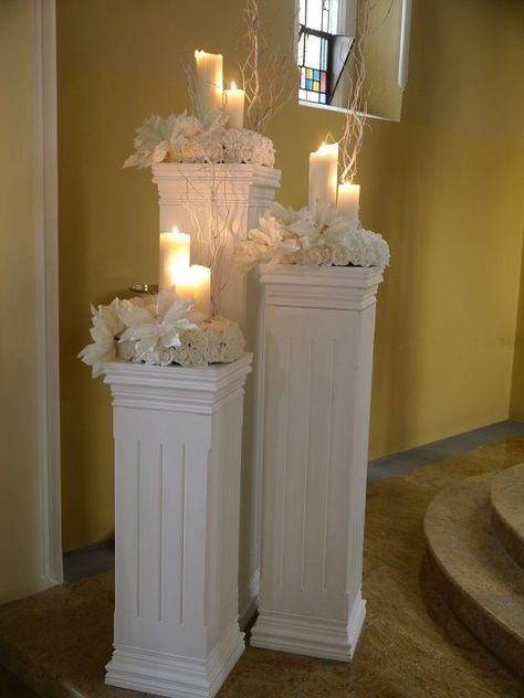 Wedding Decorations For Church, Pillar Decorations, Wedding Columns, Column Decoration, Wedding Pillars, Church Wedding Decorations, Wedding Sparklers, Wedding Venue Decorations, Aisle Decor