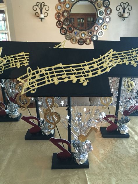 Music Centerpieces                                                                                                                                                                                 More Music Centerpieces, Banquet Centerpieces, Music Birthday Party, Jazz Party, Music Theme Birthday, Music Themed Parties, Music Themed Wedding, Large Floral Arrangements, Banquet Decorations