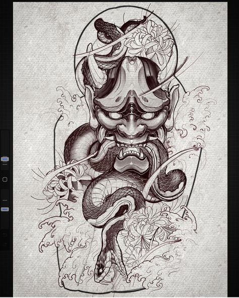 Hannya Snake Tattoo, Oni And Snake Tattoo, Oni Mask Half Sleeve, Oni Mask Snake Tattoo, Oni Mask With Snake Tattoo, Big Cover Up Tattoos, Tattoo Snake, Japanese Snake Tattoo, Art Inspired Tattoos