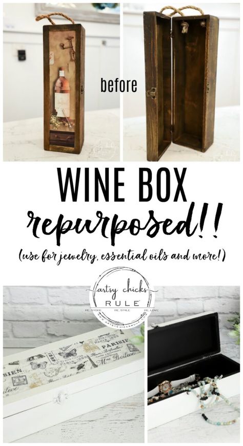 Wine Box Repurposed! Can Use This For So Many Things...or the Perfect Gift! artsychicksrule.com #repurposed #winebox #repurposedideas #thriftstoremakeover Wine Box Diy, Wine Box Crafts, Wine Box Wedding, Champagne Box, Wine Bottle Box, Wood Wine Box, Wine Bottle Storage, Thrift Store Makeover, Old Wooden Boxes