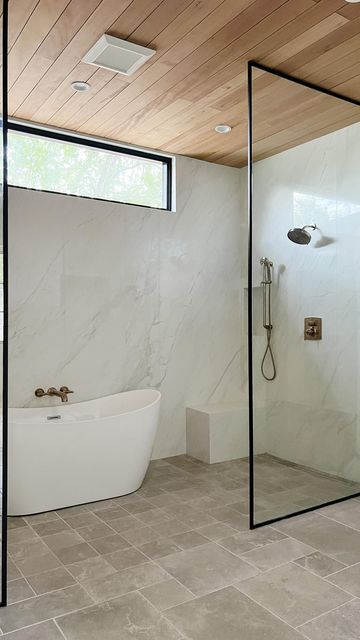 Bathroom Standing Tub, Clean Simple Bathroom Design, Organic Modern Bathroom Floor Tile, California Modern Bathroom, Bathroom With Wood Ceiling, Boho Master Bath, Bathroom Wood Ceiling, Bathroom Ideas Master Bath, Organic Modern Bathroom Design